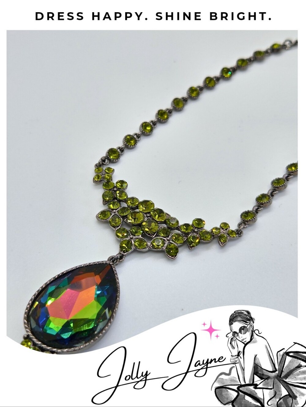 Brilliant Green Crystal Cluster Necklace with Large Teardrop Pendant, Vintage